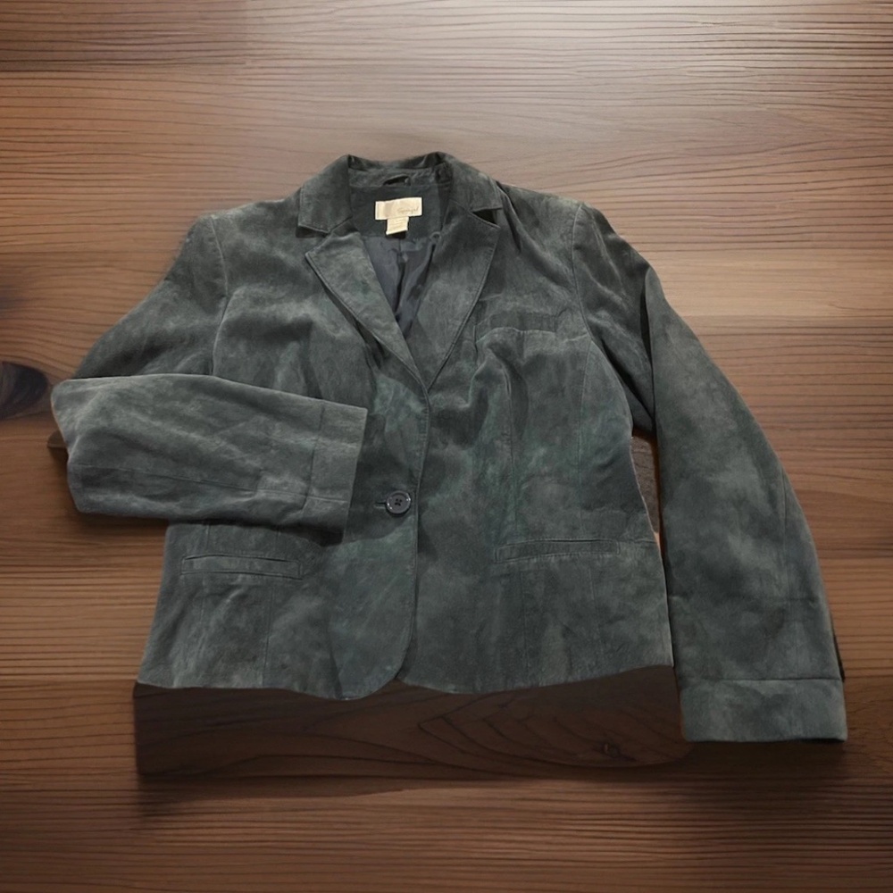 Spiegel Women’s Teal Suede Leather Blazer 18 Short Single Breasted Luxury Office